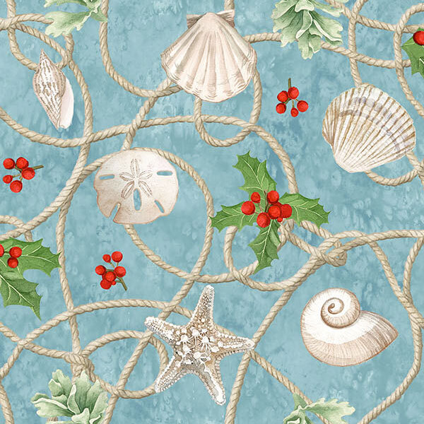 Mottled aqua-teal fabric with tossed seashells, holly sprigs, starfish, and a weathered white rope.