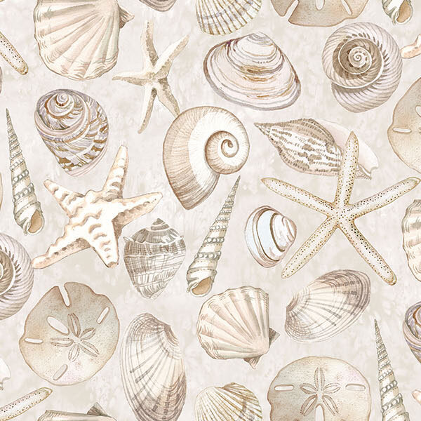 Mottled cream fabric with a scattered design of neutral-toned seashells and starfish.