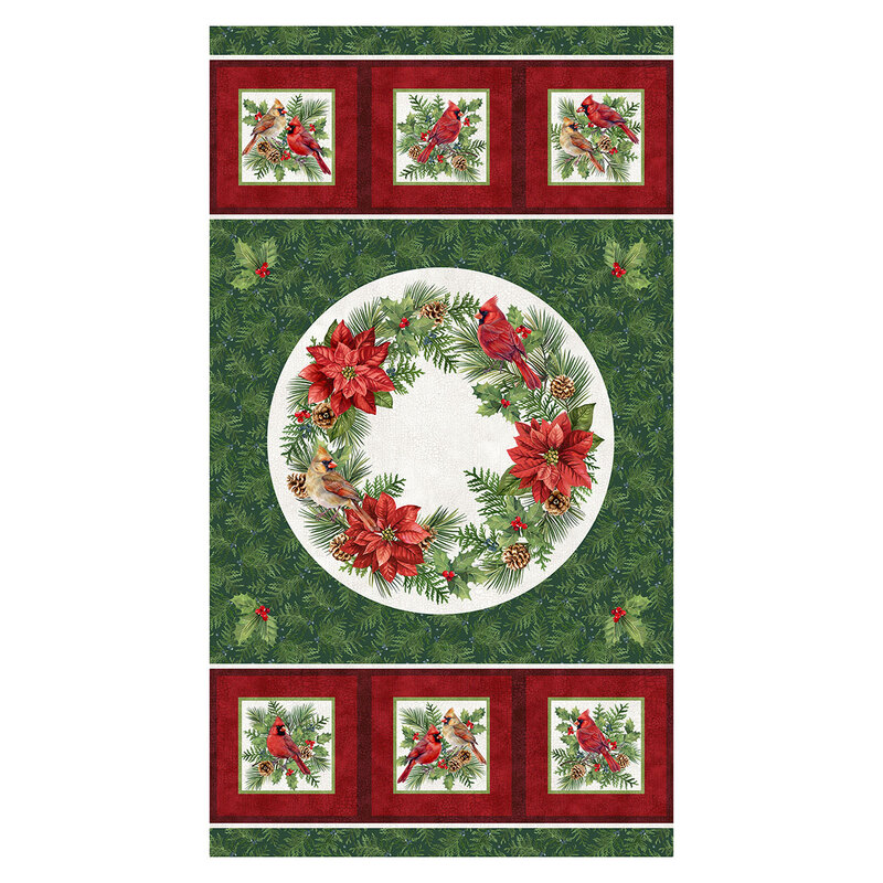 Green panel fabric with pine sprigs topped with a cream colored circle of holly, pine, poinsettias, and cardinals, with blocks of cardinals resting on botanicals.