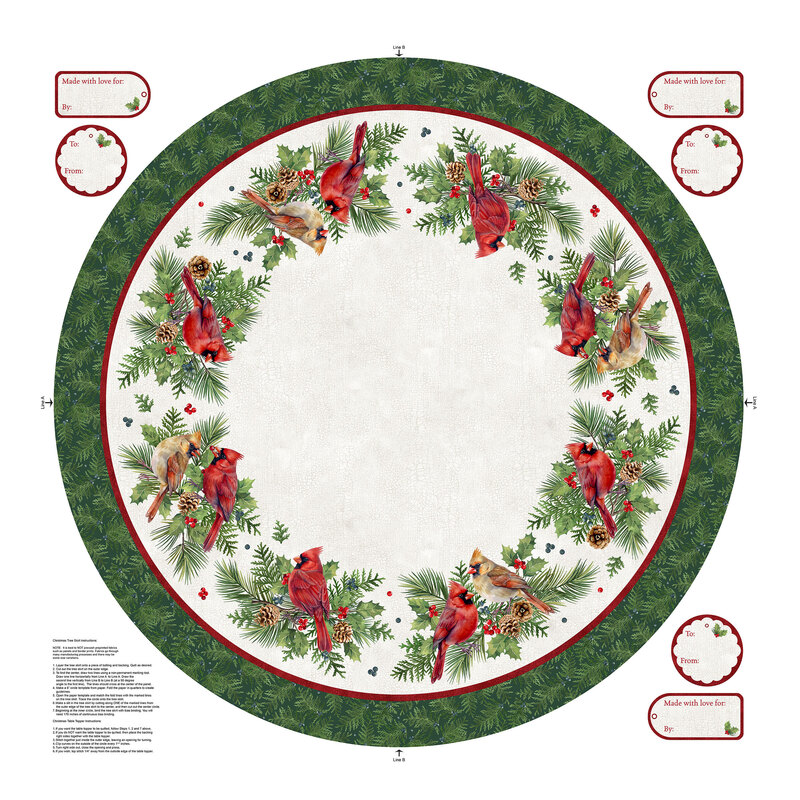 White tree skirt project panel with scenes of cardinals with beds of holly, juniper, and pine, surrounded by a ring of pine green fabric with juniper sprigs.
