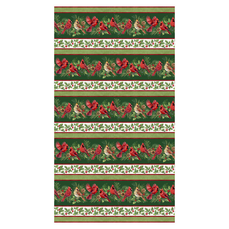 Green border print fabric with stripes of cardinals on beds of pine and holly, holly vines, and red pinstripes.