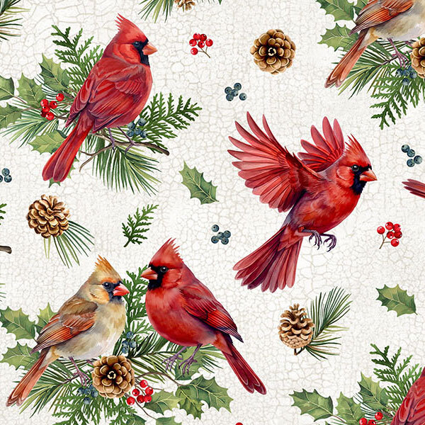 Cracked white fabric with a scattered design of pine sprigs, pinecones, juniper sprigs, holly, berries, and cardinals in different scenarios.