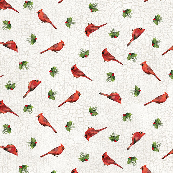 Cracked white fabric with a tossed pattern of small cardinals, pine, and holly sprigs.