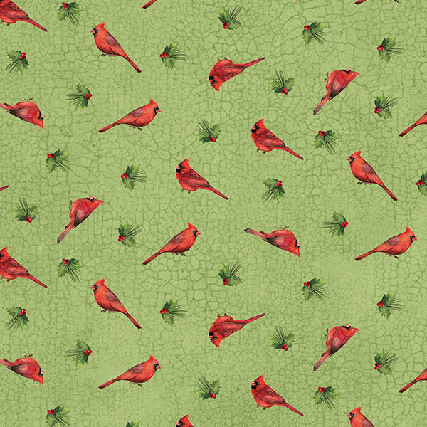 Cracked apple green fabric with a tossed pattern of small cardinals, pine, and holly sprigs.