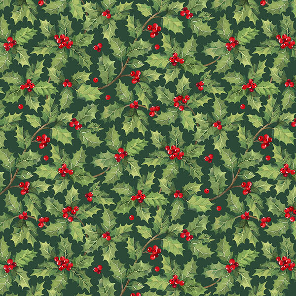Pine green fabric with a packed design of holly sprigs and berries strewn together with twirling vines.