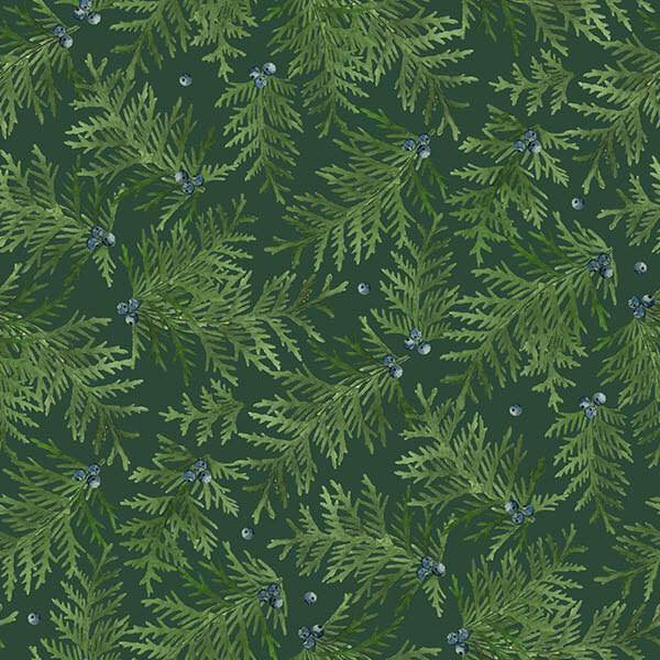 Pine green fabric with a tossed design of juniper sprigs accented with berries.