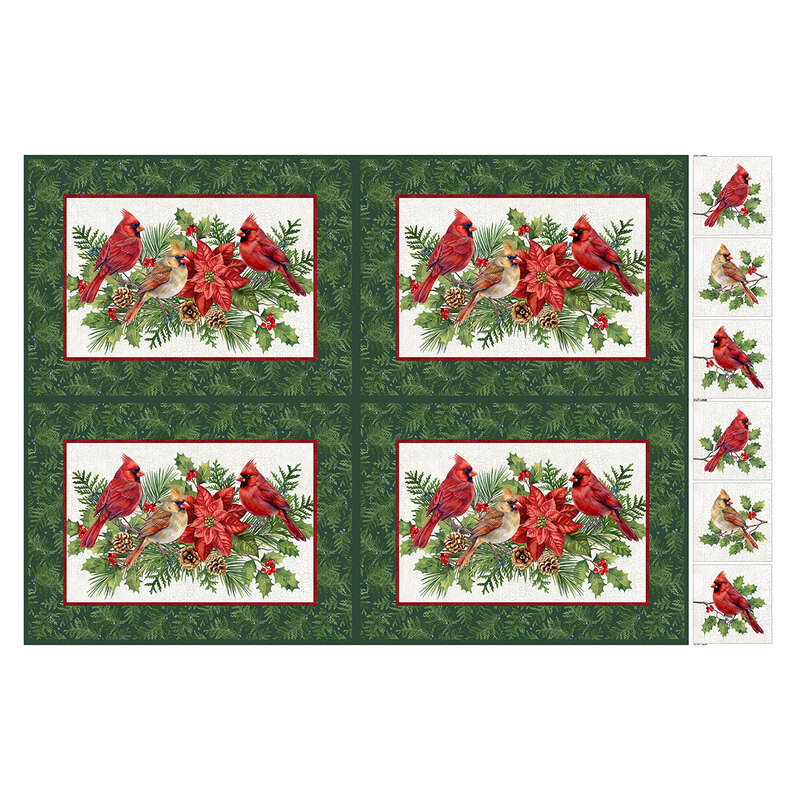 Pine green juniper sprig placemat panel with four main blocks of cardinals resting on holly, pine, and juniper sprigs, with six blocks of individual cardinals resting on holly branches.