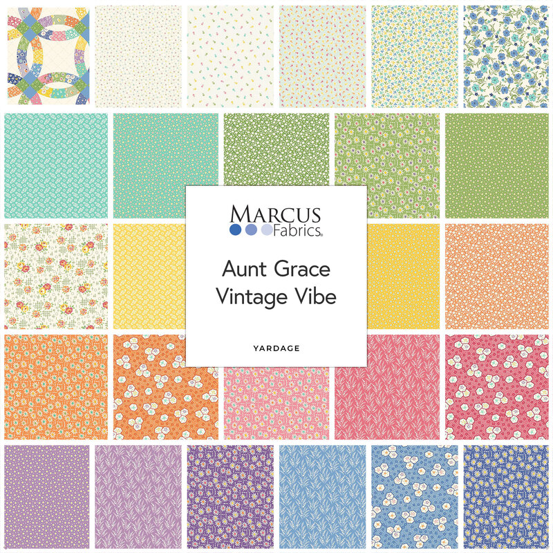 Digital collage of the available yardage fabrics from the Aunt Grace Vintage Vibe fabric collection.