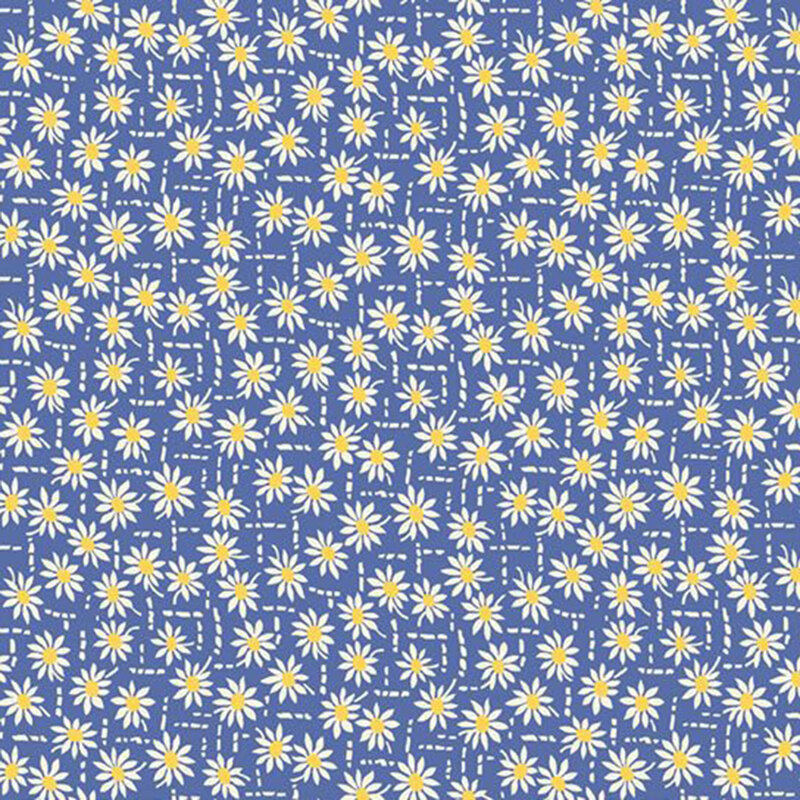 Lapis blue fabric with a scattered design of abstract white lines and florals with yellow pistils.