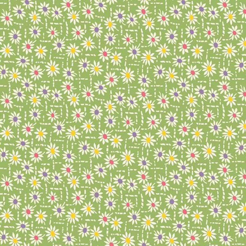 Green fabric with a scattered design of abstract white lines and florals with yellow, purple, and pink pistils.