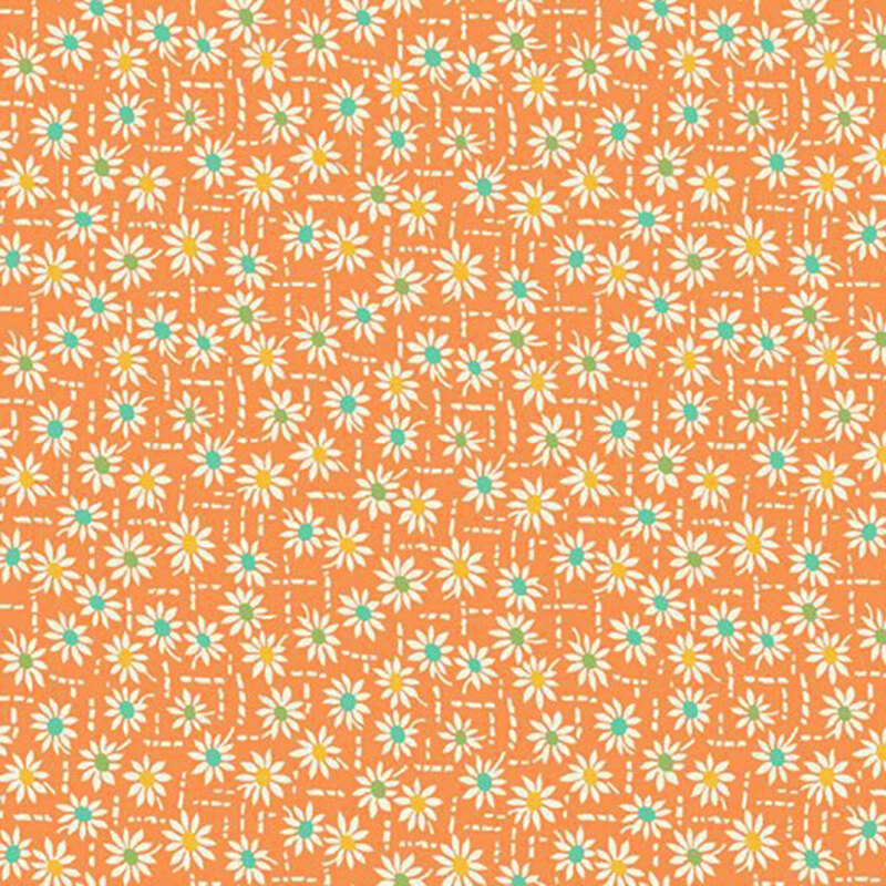 Apricot orange fabric with a scattered design of abstract white lines and florals with yellow, green, and teal pistils.