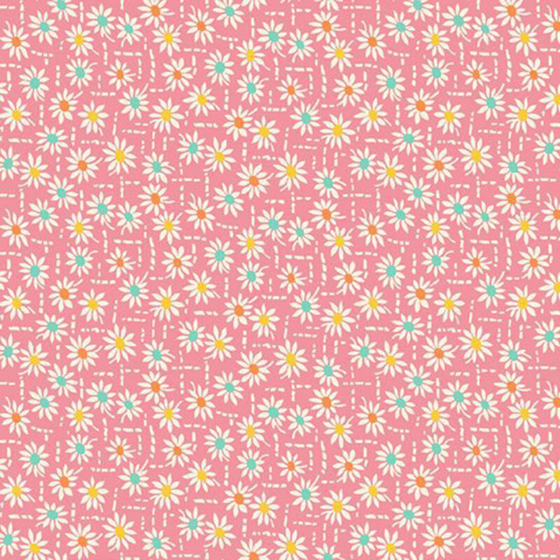 Bubblegum pink fabric with a scattered design of abstract white lines and florals with yellow, orange, and aqua pistils.