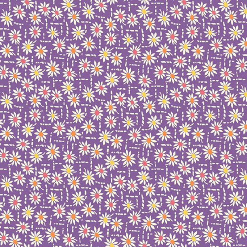 Soft purple fabric with a scattered design of abstract white lines and florals with yellow, red, and orange pistils.