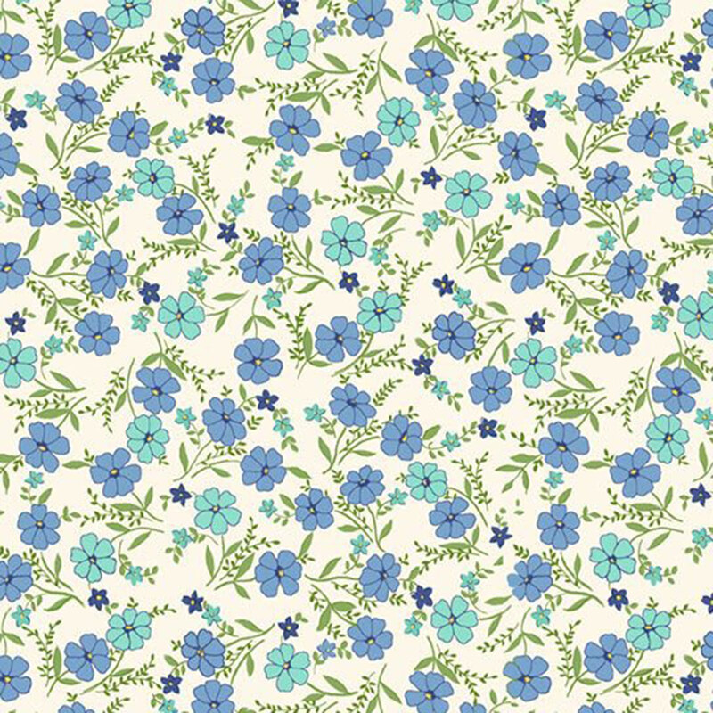 Cream fabric with a scattered pattern of blue and aqua florals.