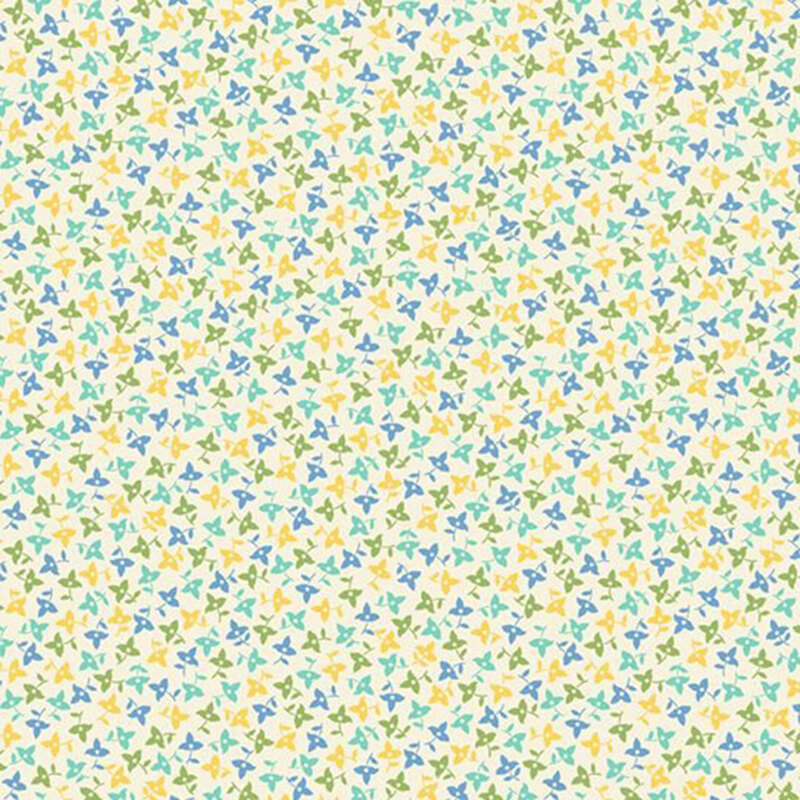 Cream calico fabric with a packed design of small yellow, green, aqua, and blue florals.