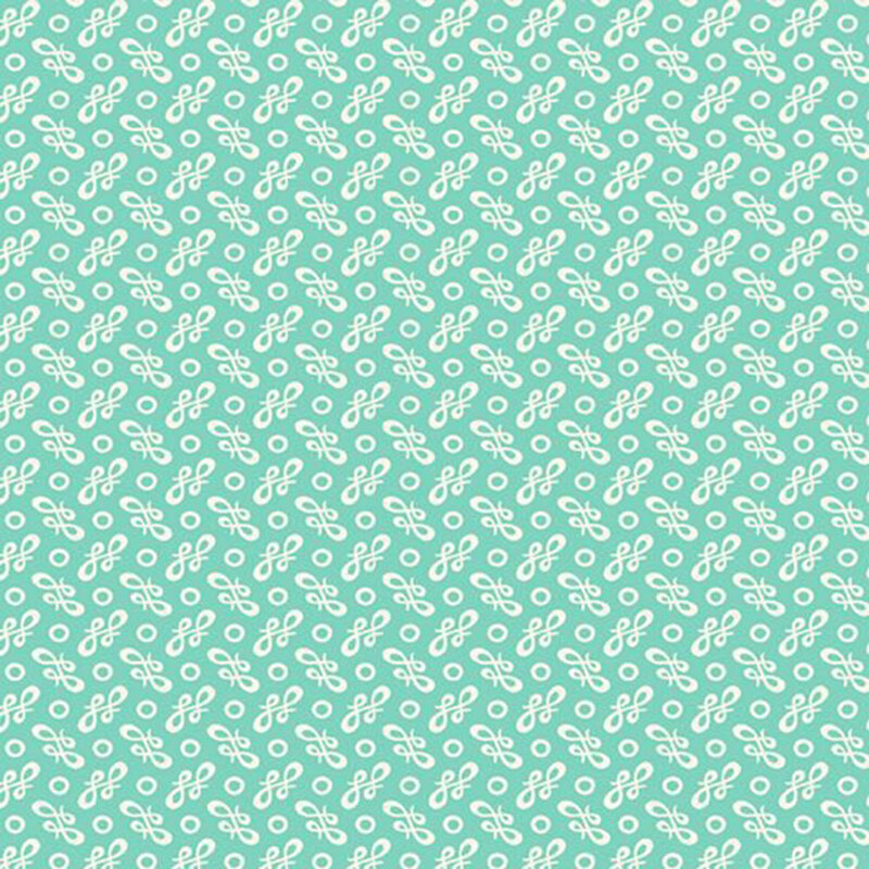 Aqua fabric with an abstract design of white circles and stylized bows.