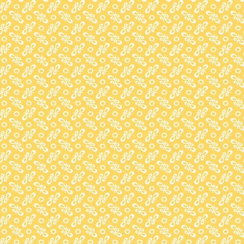 Daffodil yellow fabric with an abstract design of white circles and stylized bows.