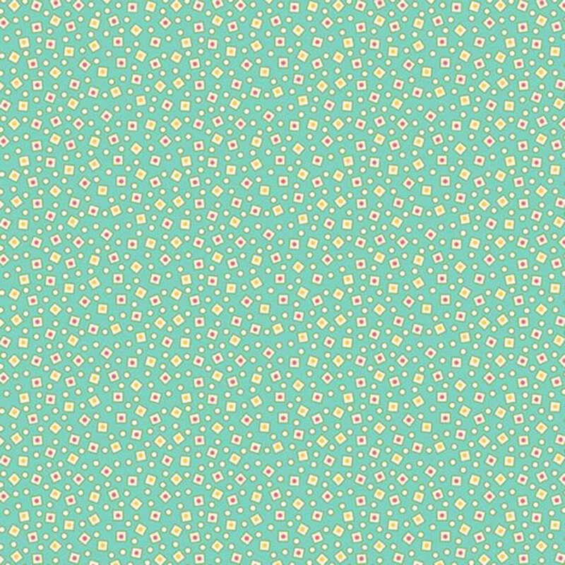 Aqua fabric with a packed and scattered design of small yellow dots and geometrics.
