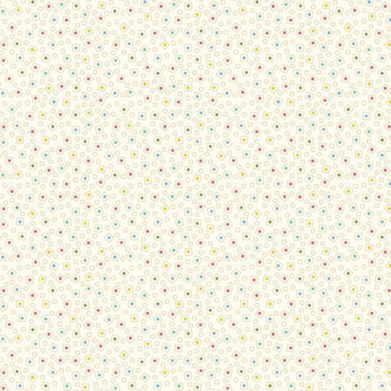 Cream fabric with a packed and scattered design of small cream dots and geometrics.