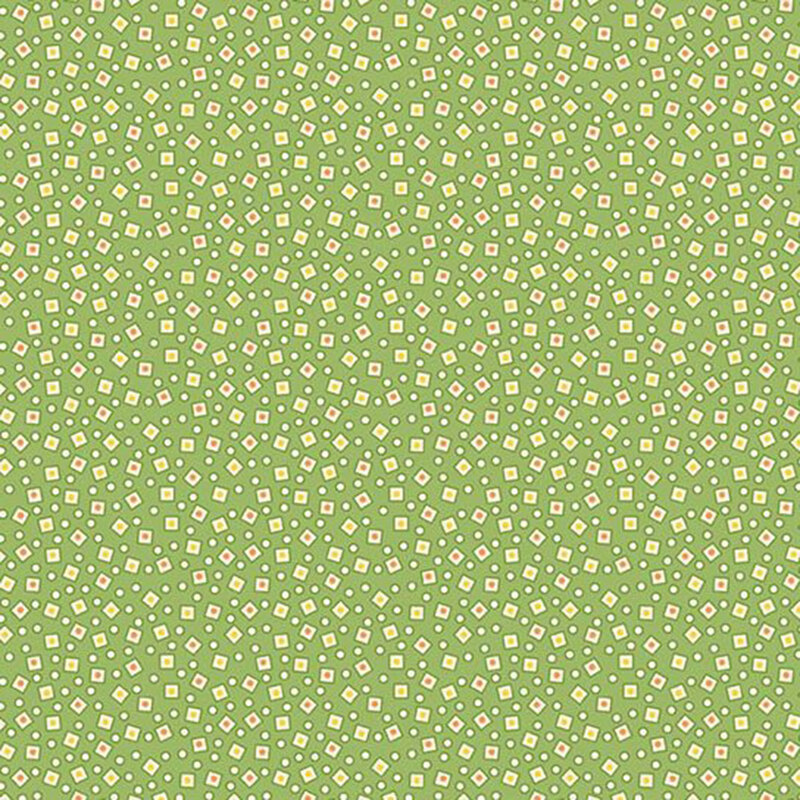 Green fabric with a packed and scattered design of small cream dots and geometrics.