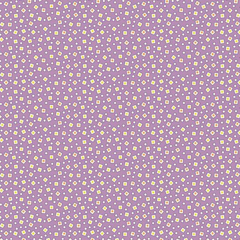 Lavender fabric with a packed and scattered design of small cream dots and geometrics.