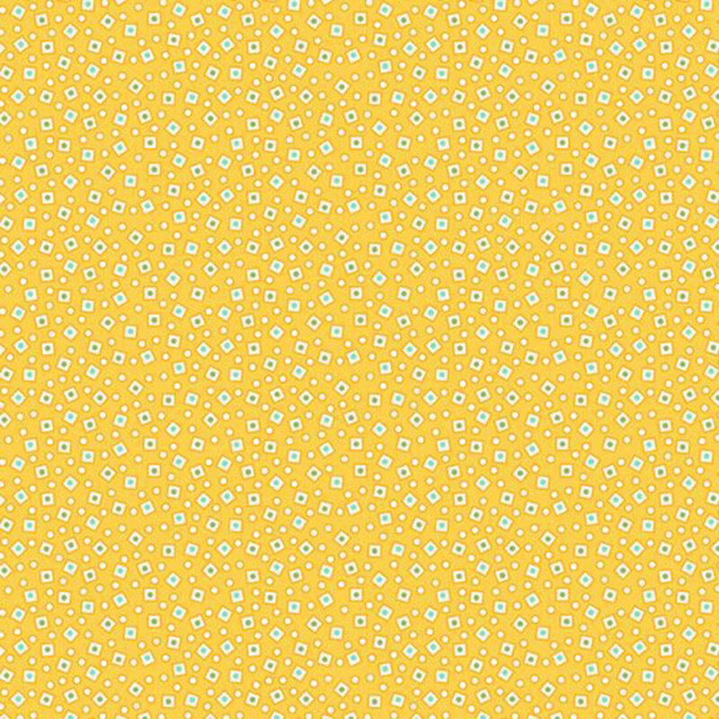 Daffodil yellow fabric with a packed and scattered design of small cream dots and geometrics.