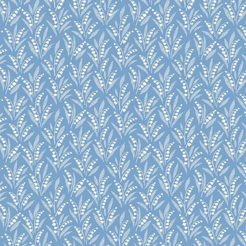 Soft cornflower blue fabric with a scattered pattern of white floral ferns.