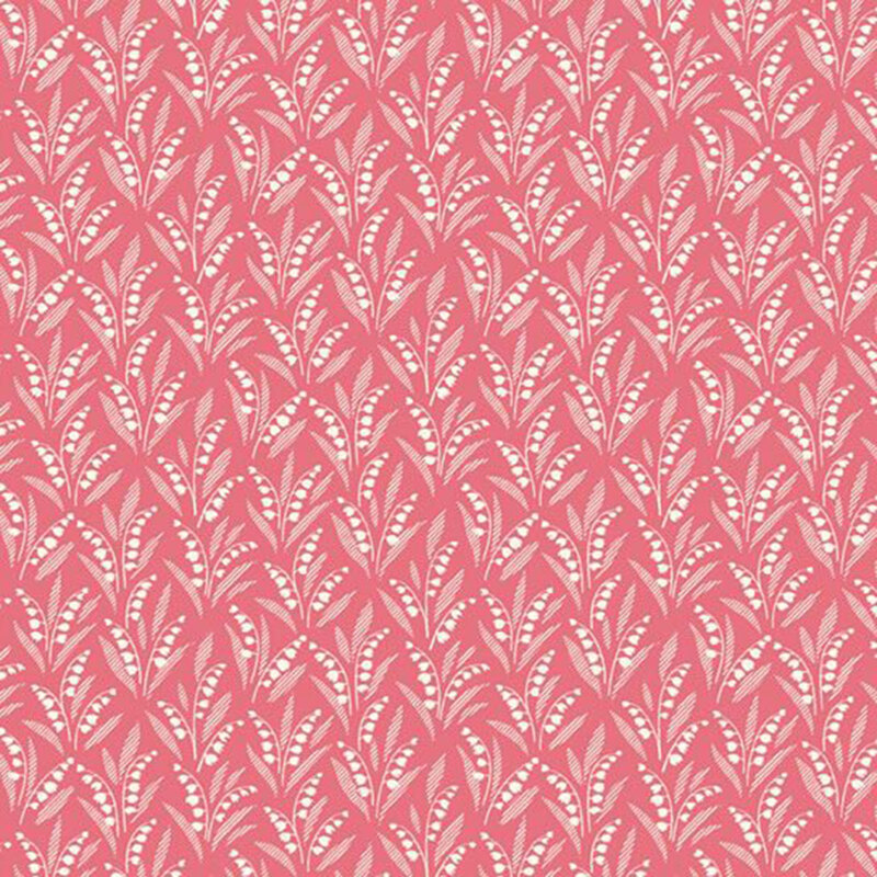 Flamingo pink fabric with a scattered pattern of white floral ferns.