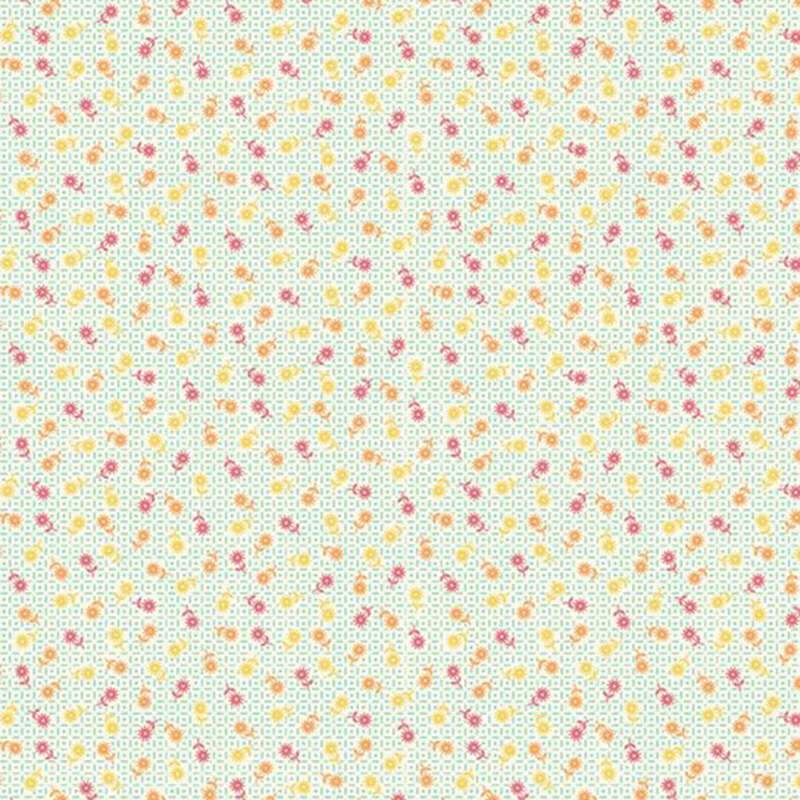 Cream fabric with a small aqua geometric pattern topped with small pink, yellow, and orange florals.