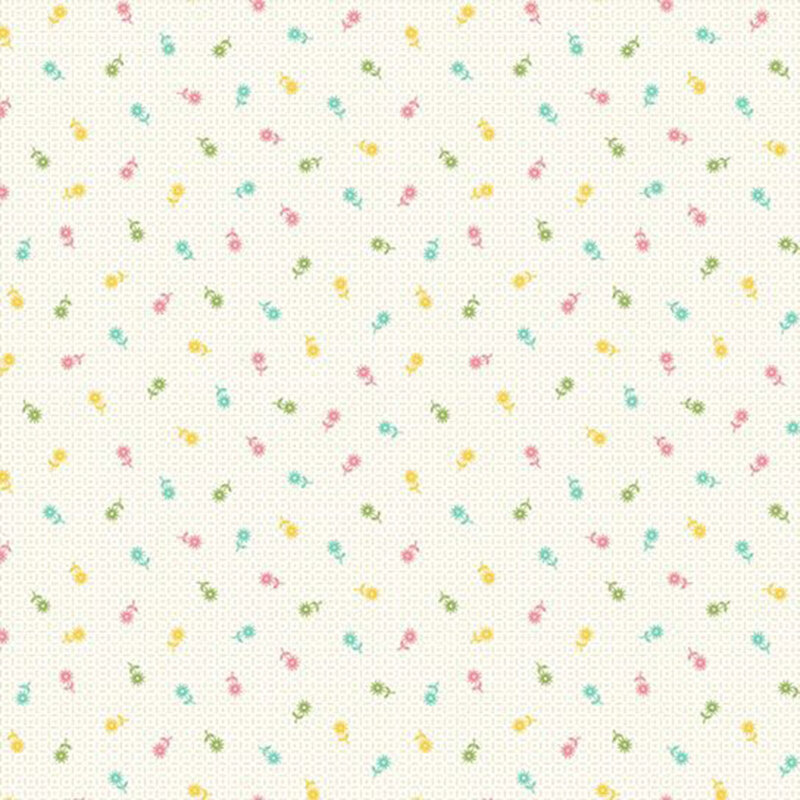 Cream fabric with a small gray geometric print topped with a tossed, ditsy print of multicolor florals.