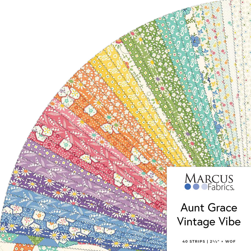 Digital collage of the 2.5" Strip Roll Bundle from the Aunt Grace Vintage Vibe fabric collection.