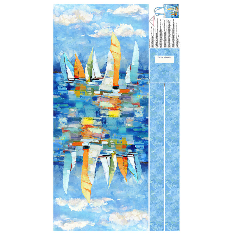 A blue fabric panel with sailboats under a cloudy sky.