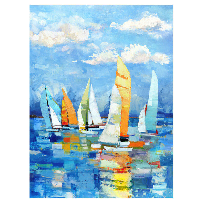 A fabric panel with colorful sailboats on blue water beneath a cloud-filled sky with painterly reflections.