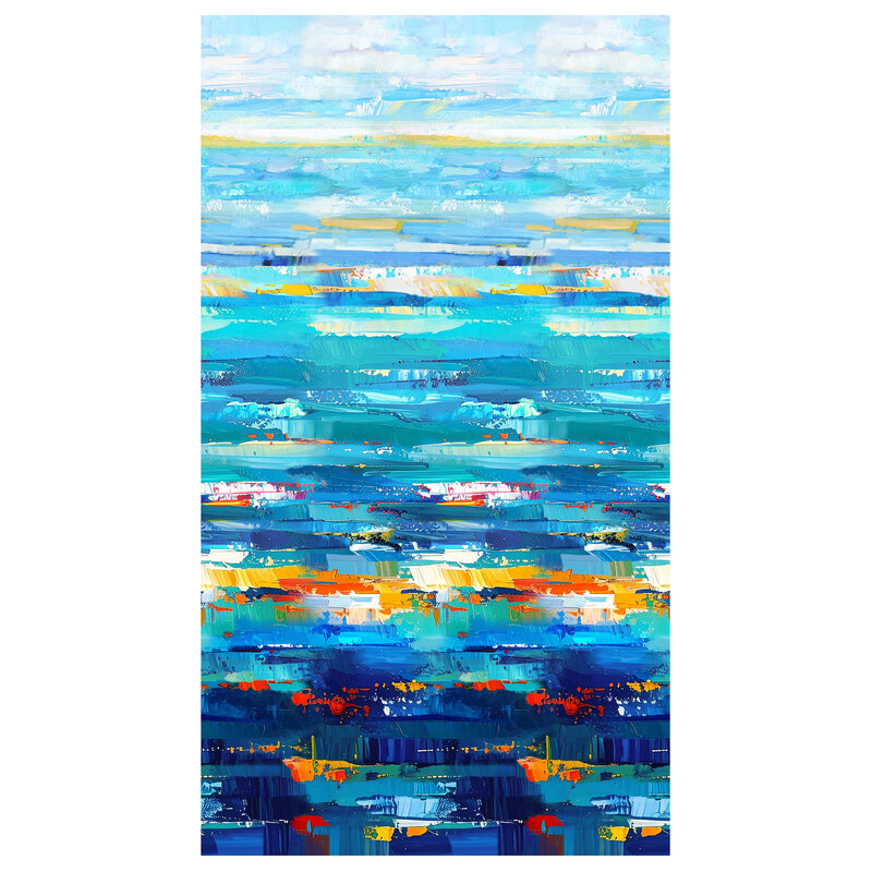 A blue fabric with layered painterly brushstrokes in varying widths with scattered contrasting accents.