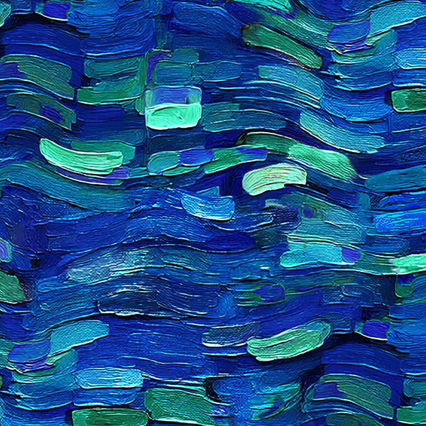 A blue fabric with layered painterly brushstrokes with sweeping curves and aqua and green accents.