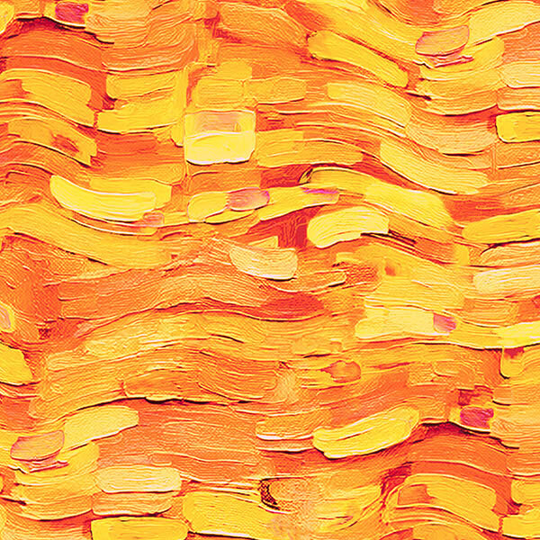A tangerine orange fabric with layered brushstrokes with sweeping curves and scattered scarlet and yellow accents. 