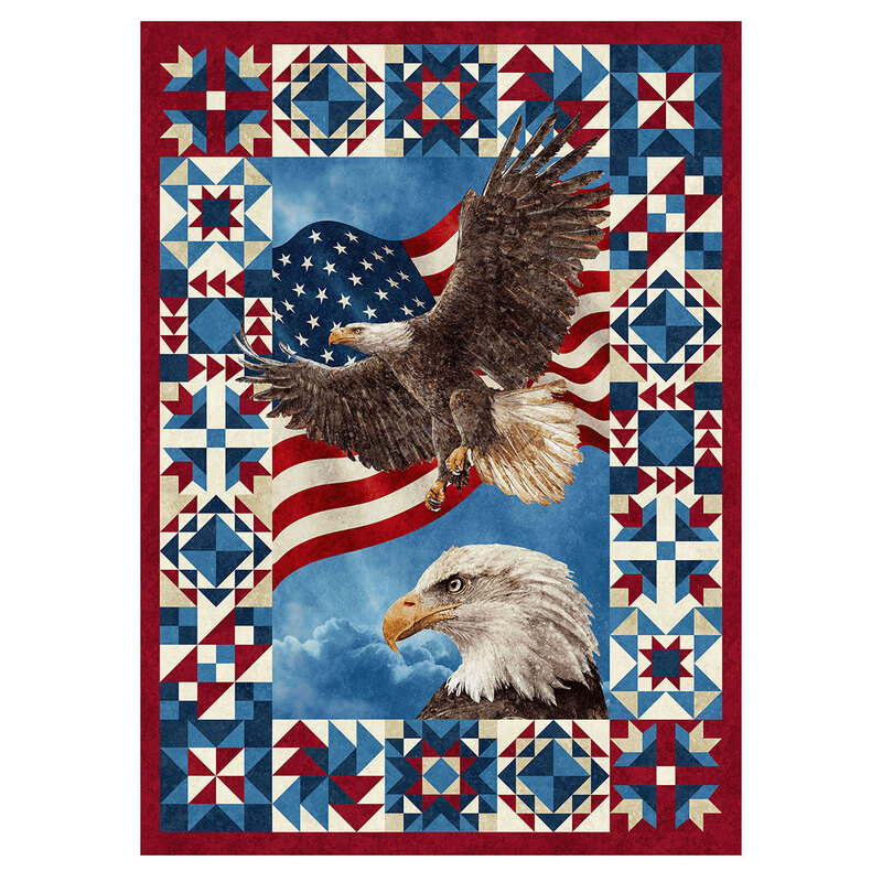 Panel with a patriotic design of an eagle flying in front of a US flag, framed by quilt blocks.