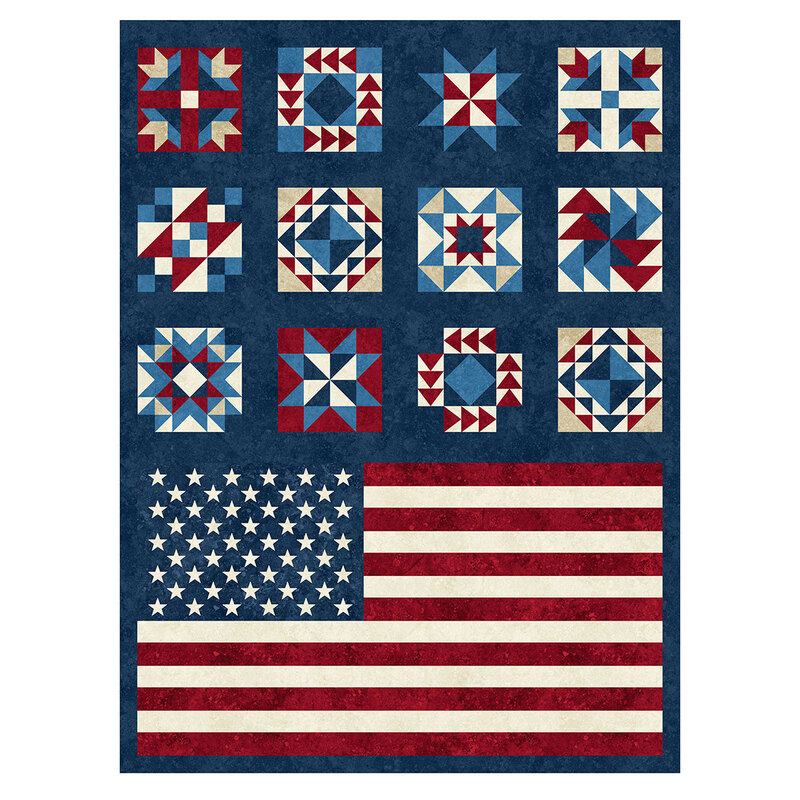 Navy blue fabric panel with multiple quilt blocks arranged over a large US flag.