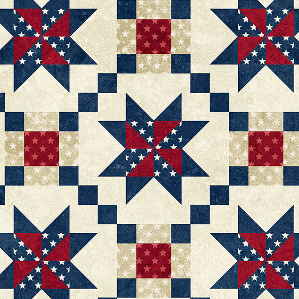 Cream fabric with a cheater quilt-inspired design with blocks of red and blue stars.