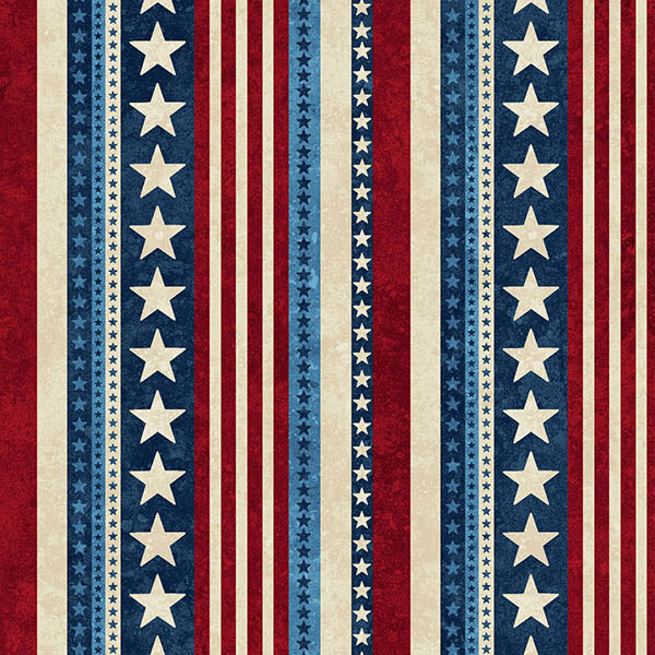 Fabric with red, white, and blue stripes dotted with scattered stars.