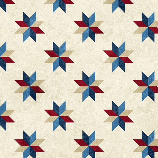 Cream fabric with a patriotic cheater pattern of stars arranged in a classic design.