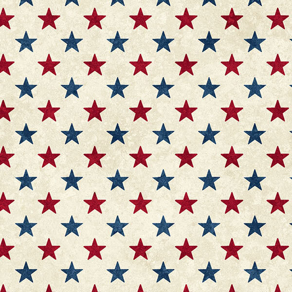 Mottled cream fabric with a pattern of scattered red and blue stars.