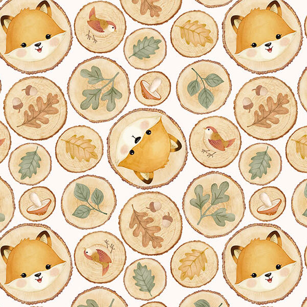 rustic wood rounds featuring leaves, foxes, mushrooms, and birds, on a soft cream background.