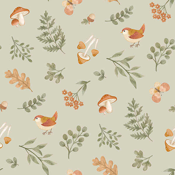 birds, acorns, butterflies, and leaves tossed on a cool sage background.