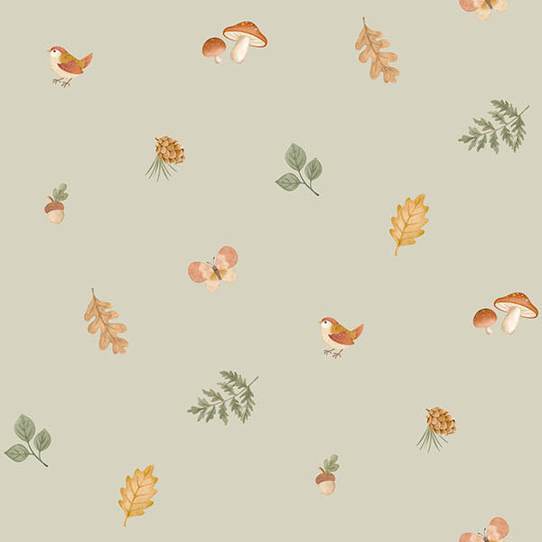 birds, acorns, butterflies, pinecones and leaves tossed on a cool sage background.