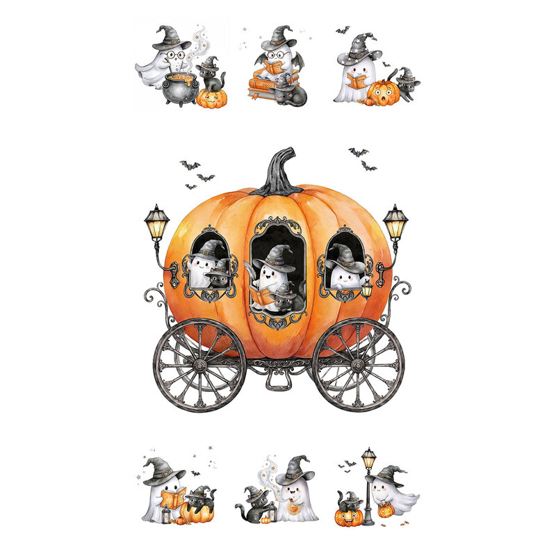 White fabric panel featuring a pumpkin carriage with friendly ghosts, black cats, and bats, framed by coordinating ghosts, black cats, and bats vignettes 