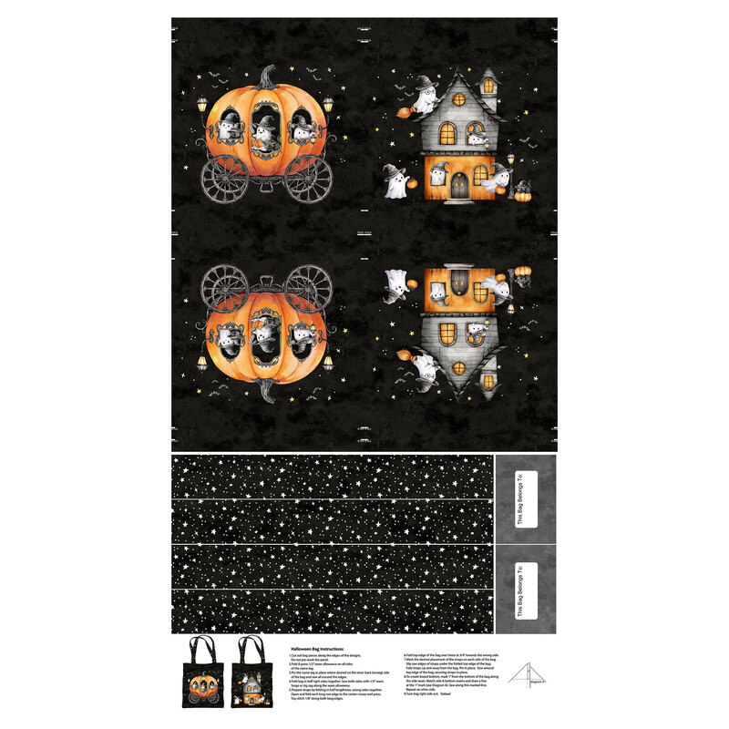 two prints-a pumpkin carriage and a haunted house, along with starry bag handles, tags, and instructions.