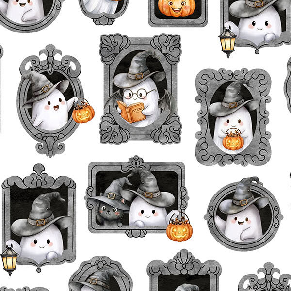 Friendly ghosts in witch hats, peeking out from ornate picture frames, accompanied by pumpkins, black cats, and glowing lanterns on a crisp white fabric.