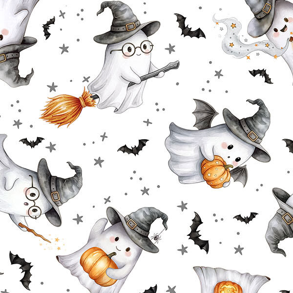 cute halloween-themed ghosts in witch hats accompanied by pumpkins, magical motifs, bats, and stars against a crisp white background..
