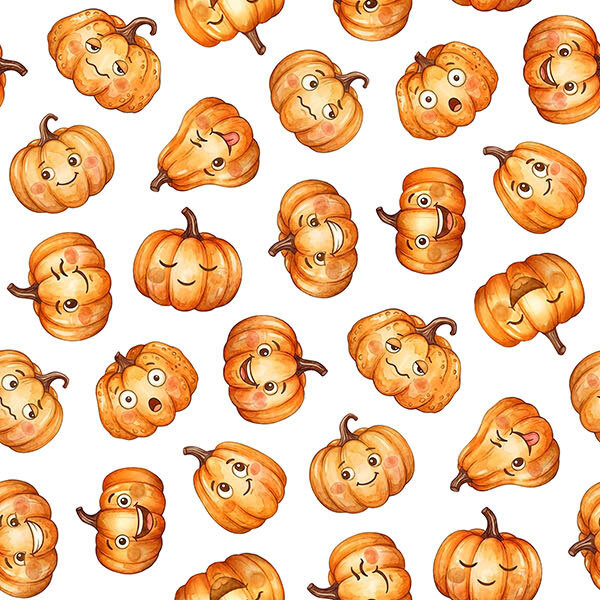 Tossed orange pumpkins with a variety of expressive faces on a clean white background.